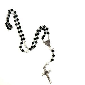 Black beaded faux pearl rosary
